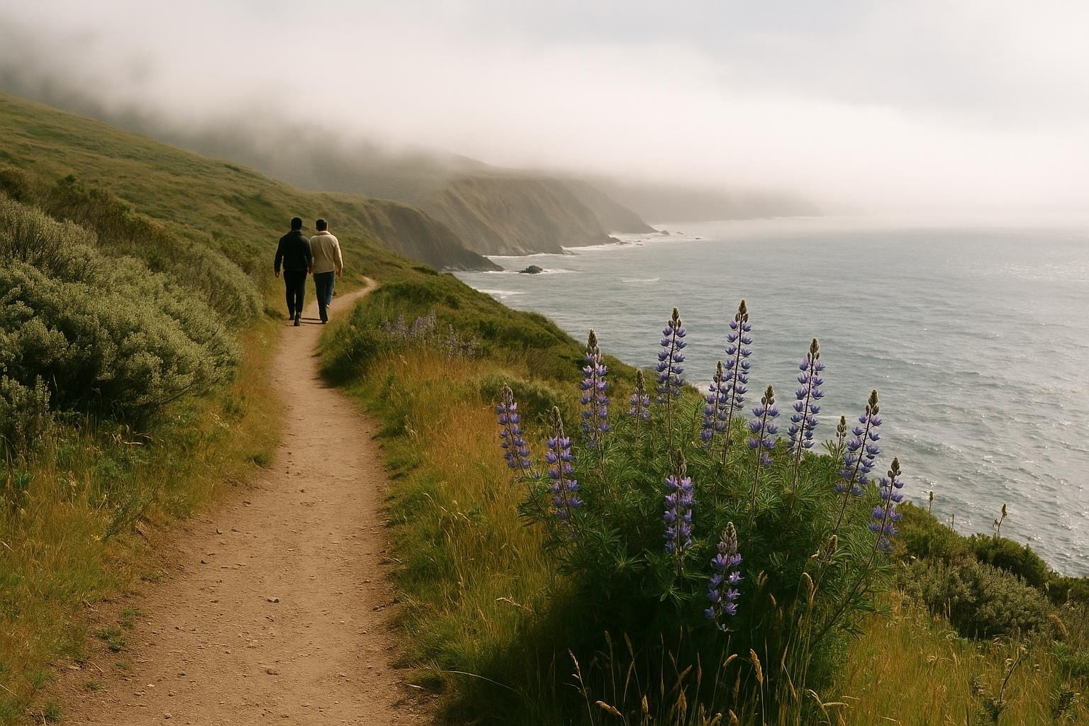A bluff trail above the Pacific on the Sonoma coast with morning fog breaking apart over the water