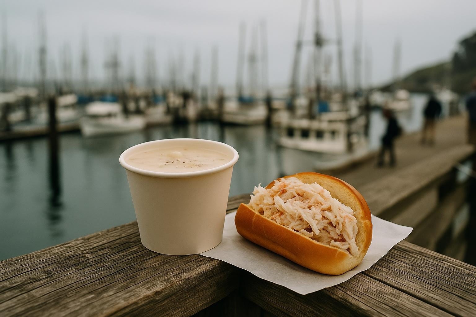 Chowder and a crab roll on a weathered railing at a small Sonoma coast fishing harbor
