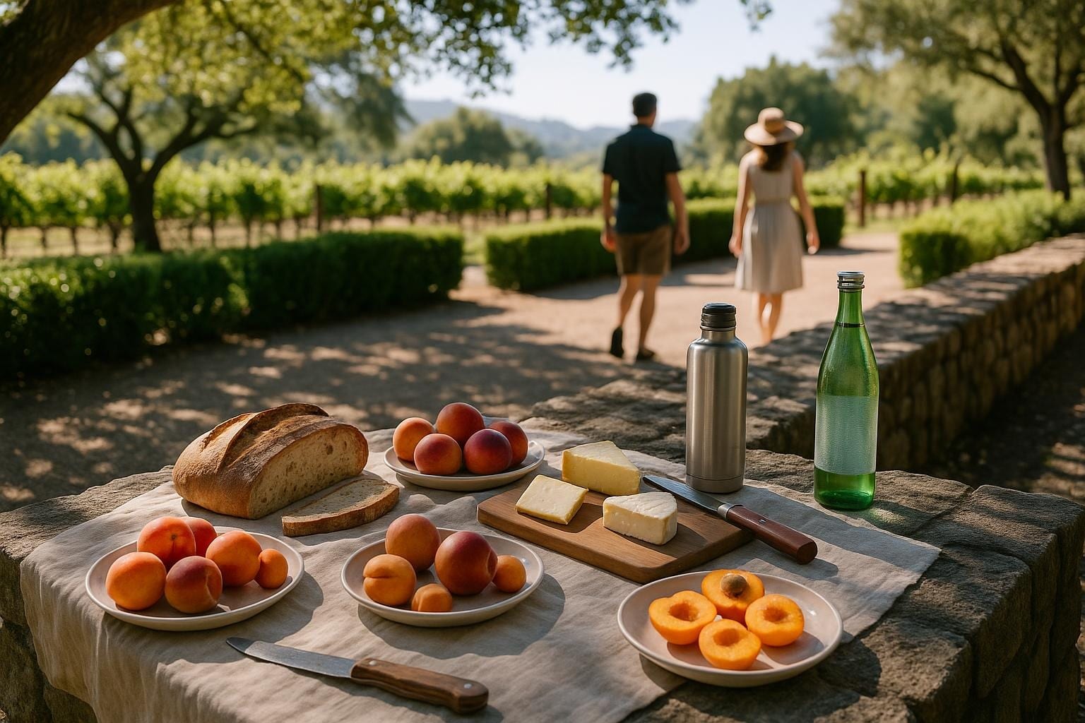 Bread, cheese, stone fruit and sparkling water laid out on a stone wall in a shaded Sonoma garden