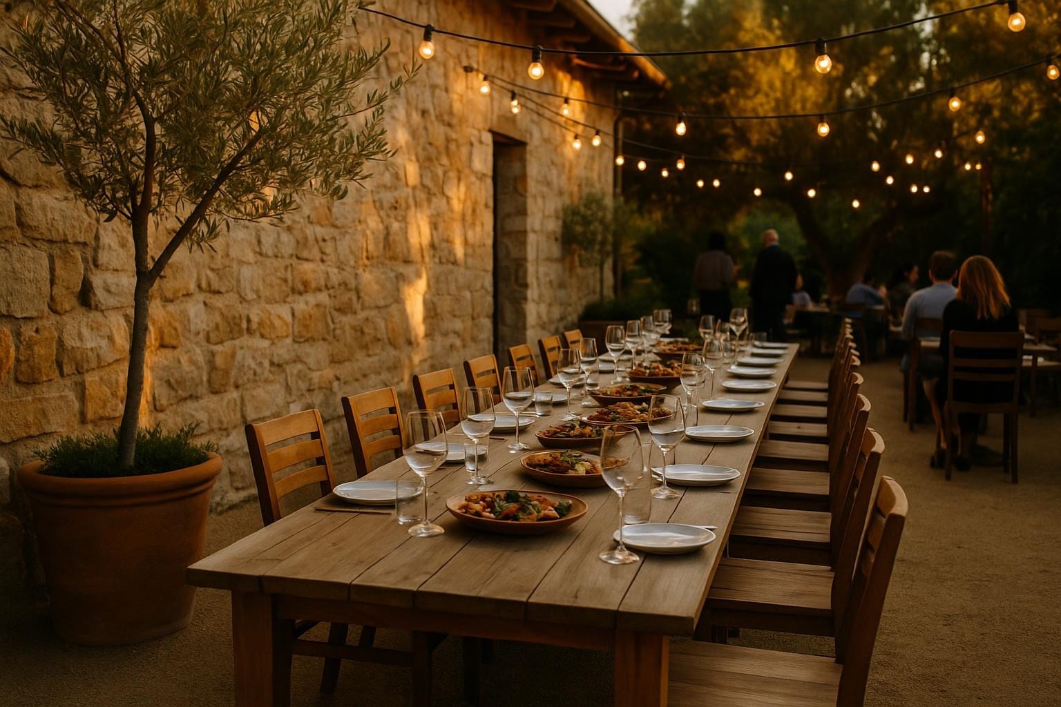 A long courtyard table set for twelve at golden hour with wine glasses, shared platters and string lights above