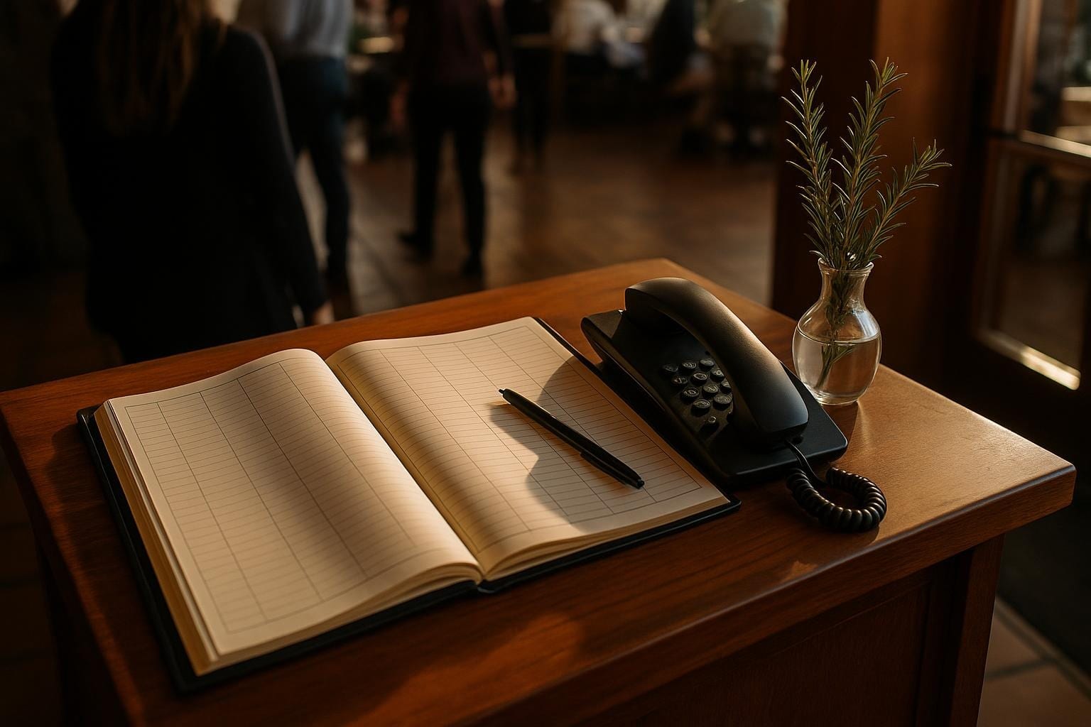 A reservation book and phone on a wooden host stand in warm afternoon light