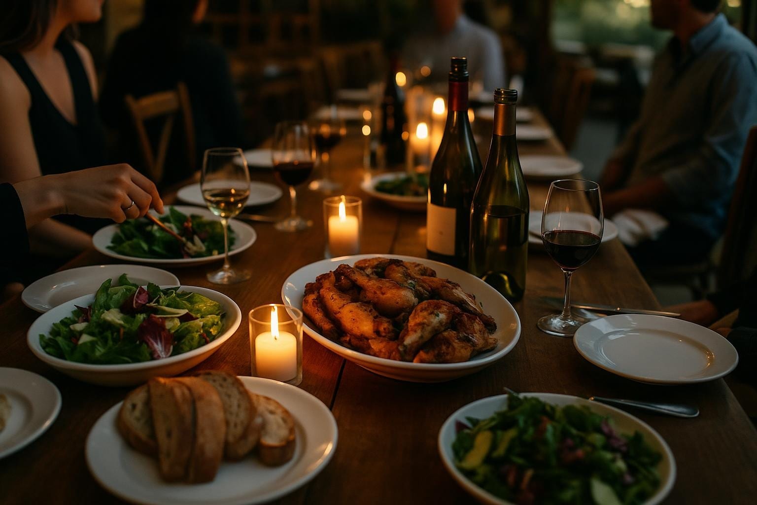 Shared platters of roast chicken, bread and salad on a candlelit table with open wine bottles