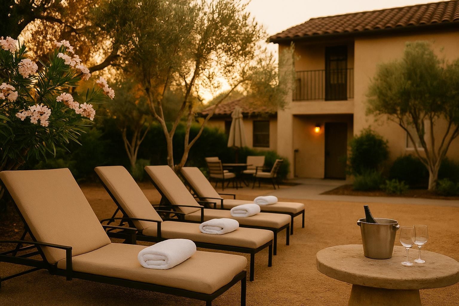 Sunlit hotel courtyard in Sonoma with folded towels, loungers and an ice bucket on a stone table