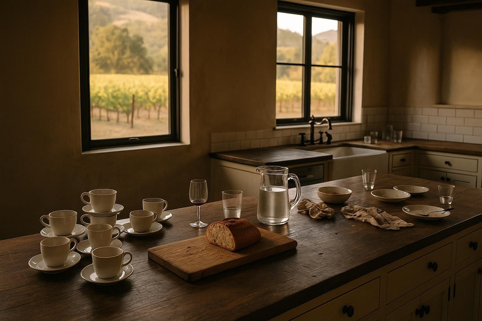 Farmhouse kitchen counter with coffee cups and bread the morning after a group dinner in Sonoma