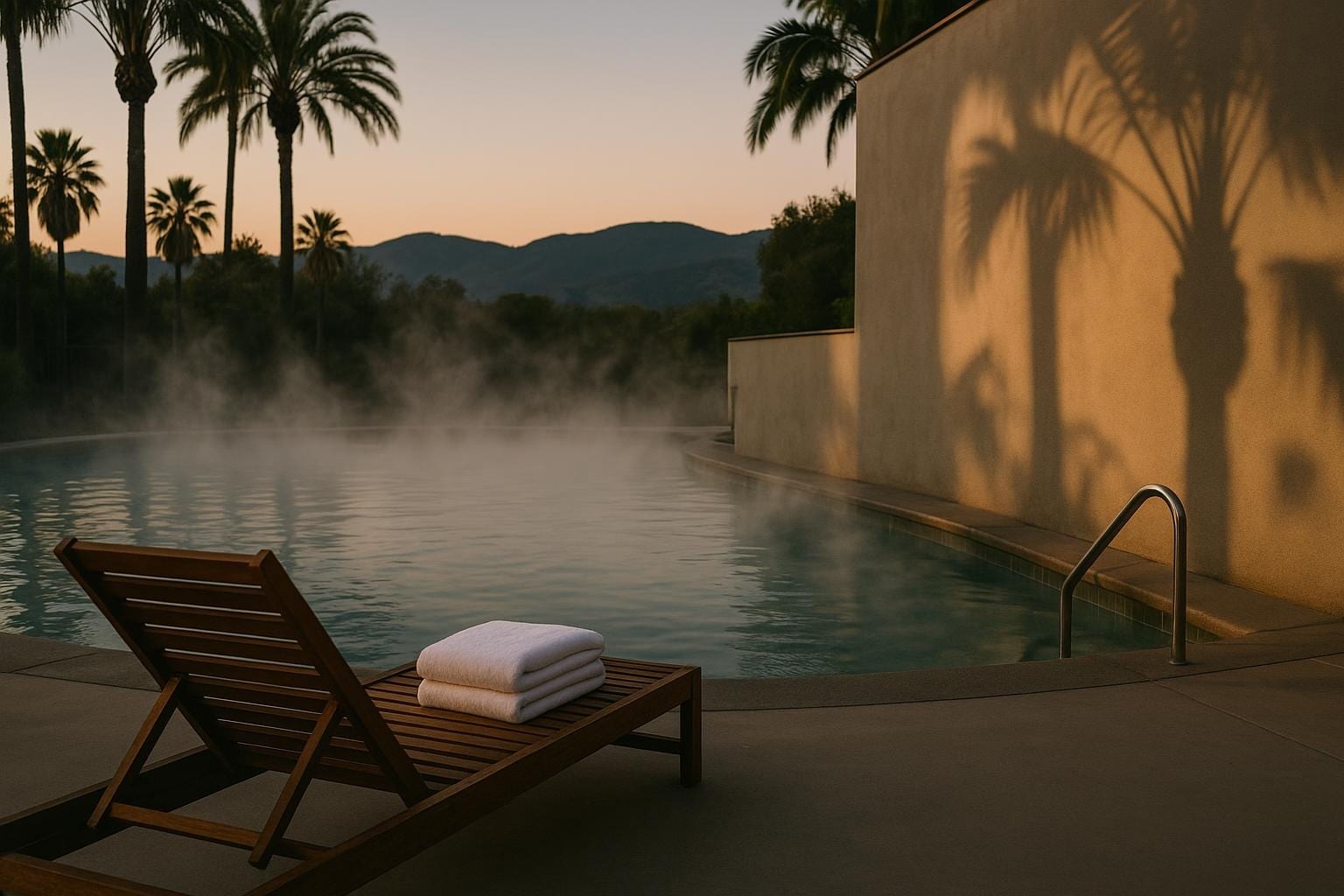 Steam rising off an outdoor mineral pool at dusk in Calistoga with folded white towels on a lounger