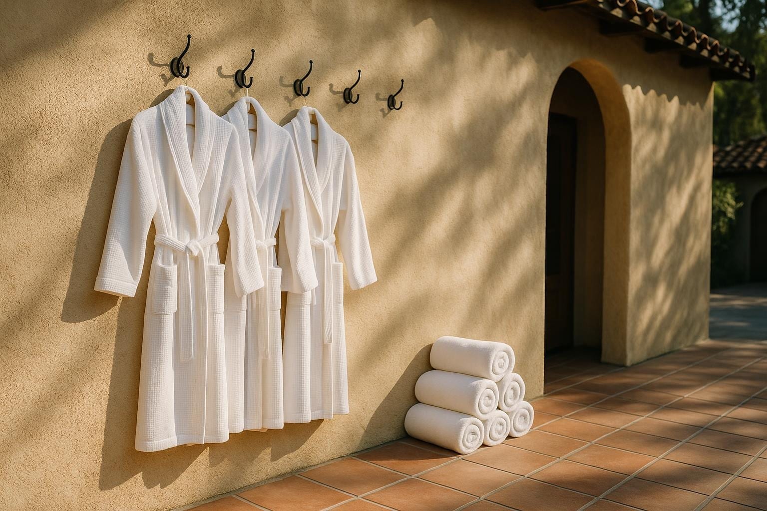 White robes on hooks outside a Calistoga bathhouse in morning light with rolled towels stacked nearby