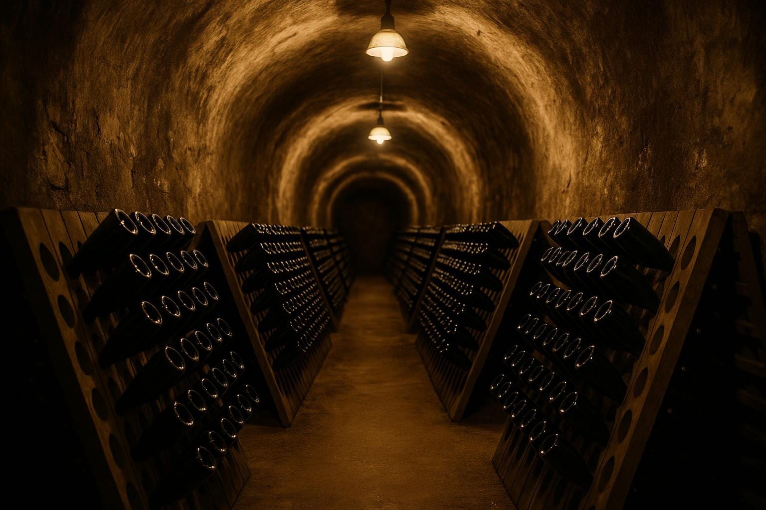 Stacked riddling racks of sparkling wine bottles in a dim stone wine cave tunnel