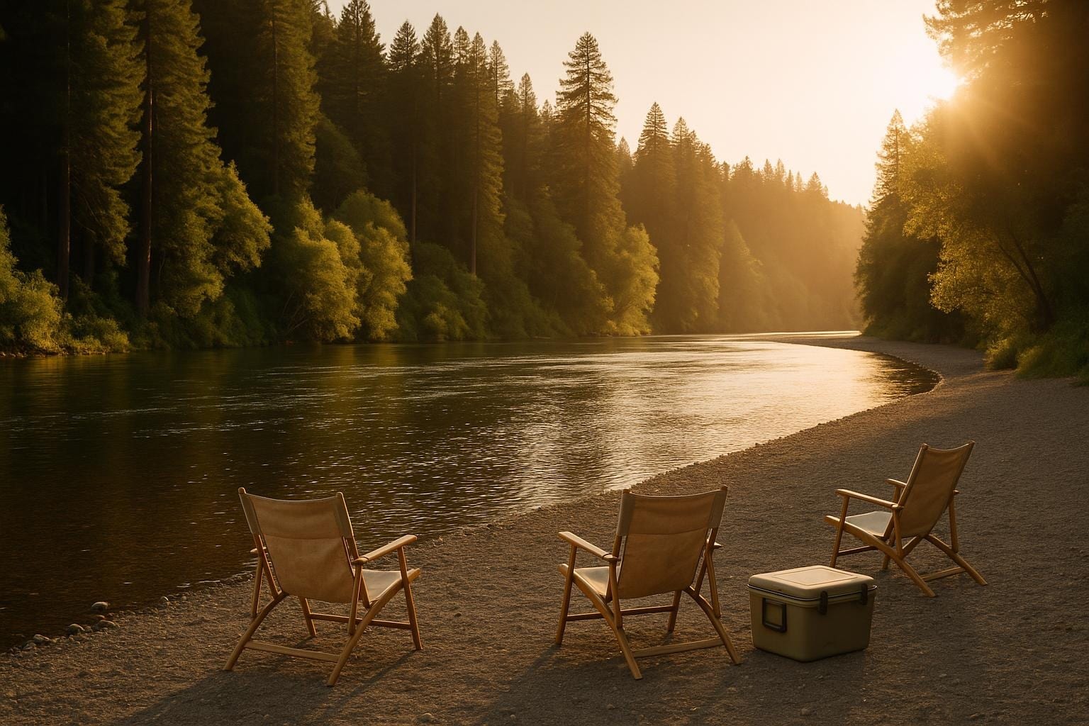 Late afternoon light on a bend of the Russian River with redwoods on the far bank and empty beach chairs