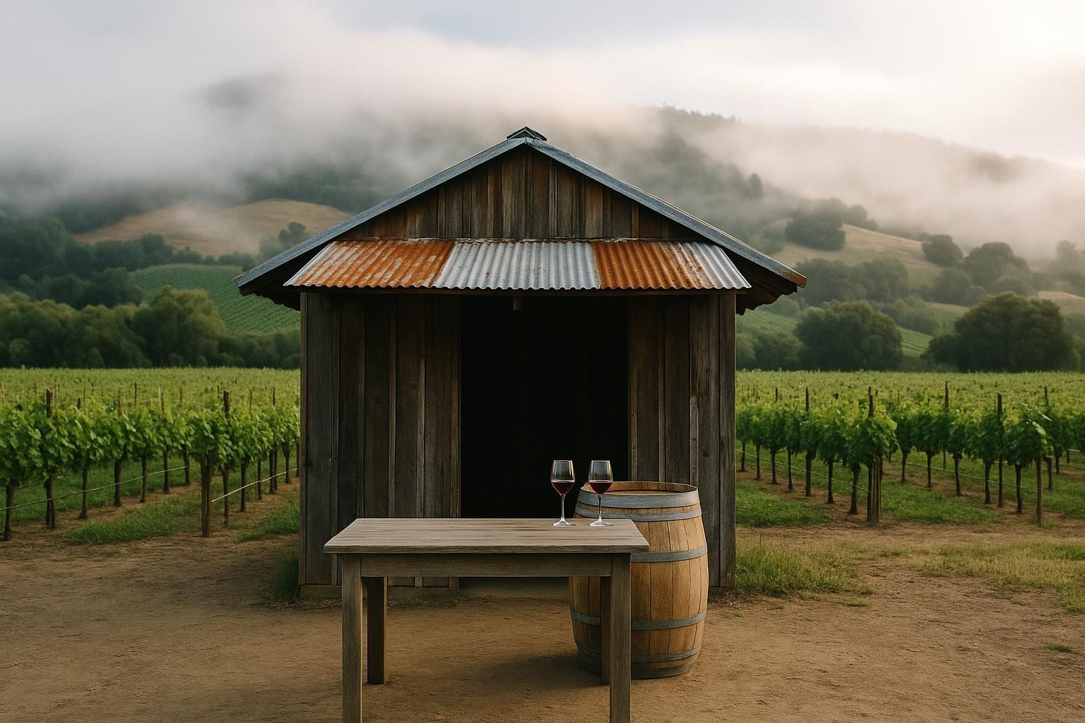 A simple tin-roofed tasting shed at the edge of a pinot vineyard with morning fog on the hills