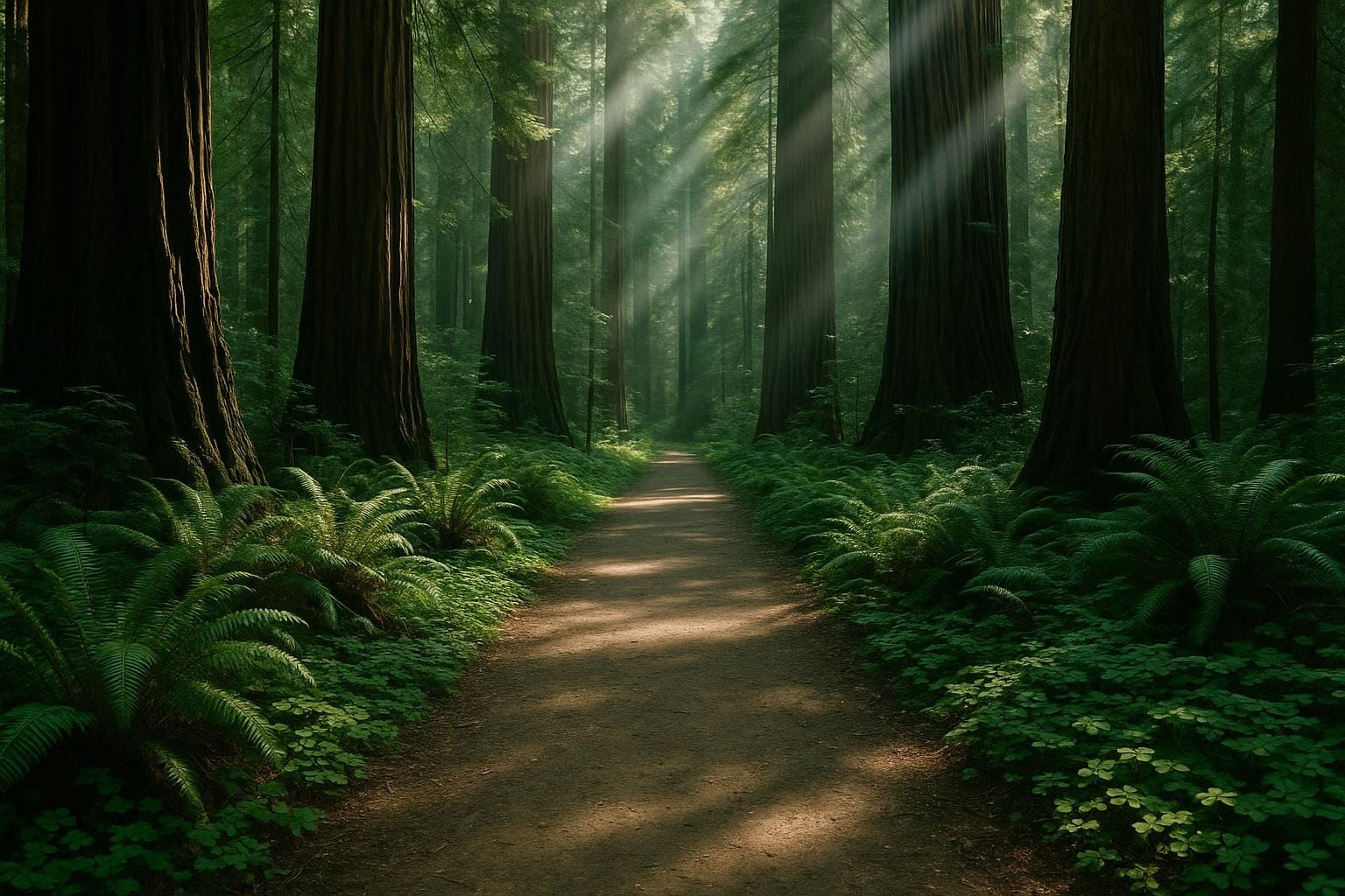 Sunlight through old-growth coast redwoods over a flat fern-lined path