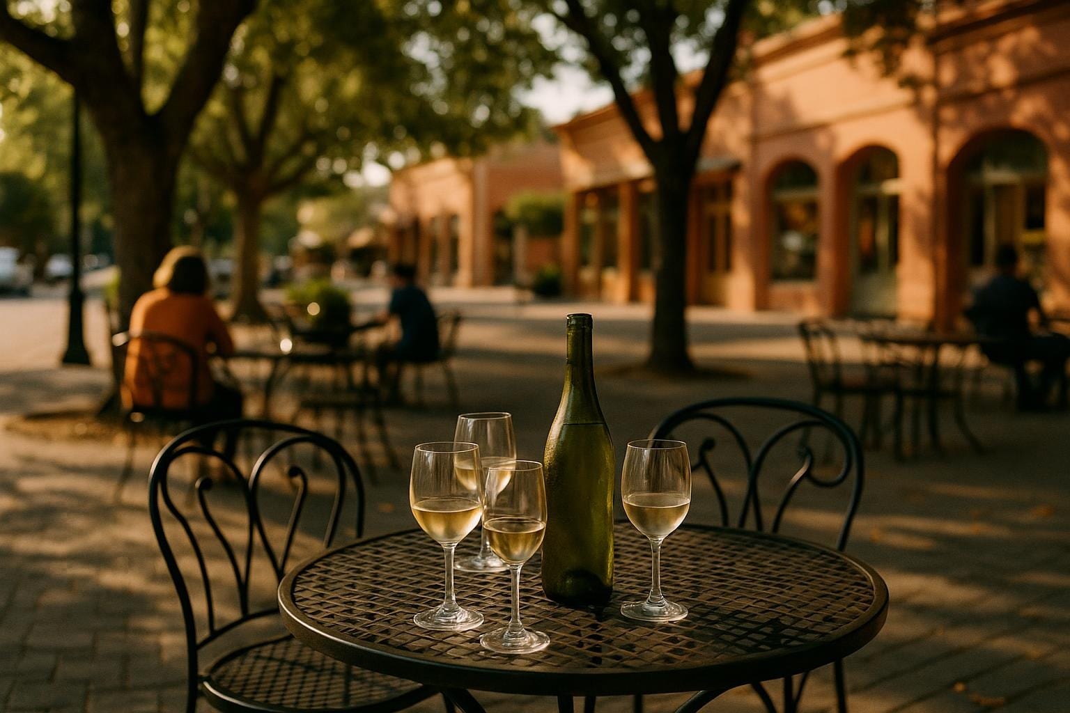 Cafe table with chilled wine and glasses on a shaded Healdsburg plaza in late afternoon light