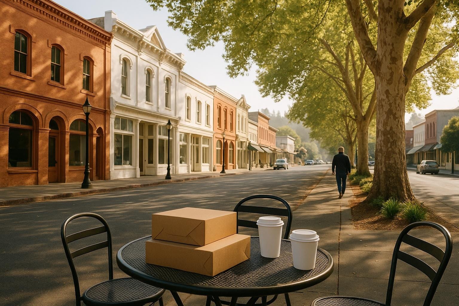 Pastry boxes and coffee on an outdoor table along a shaded Healdsburg street in morning light