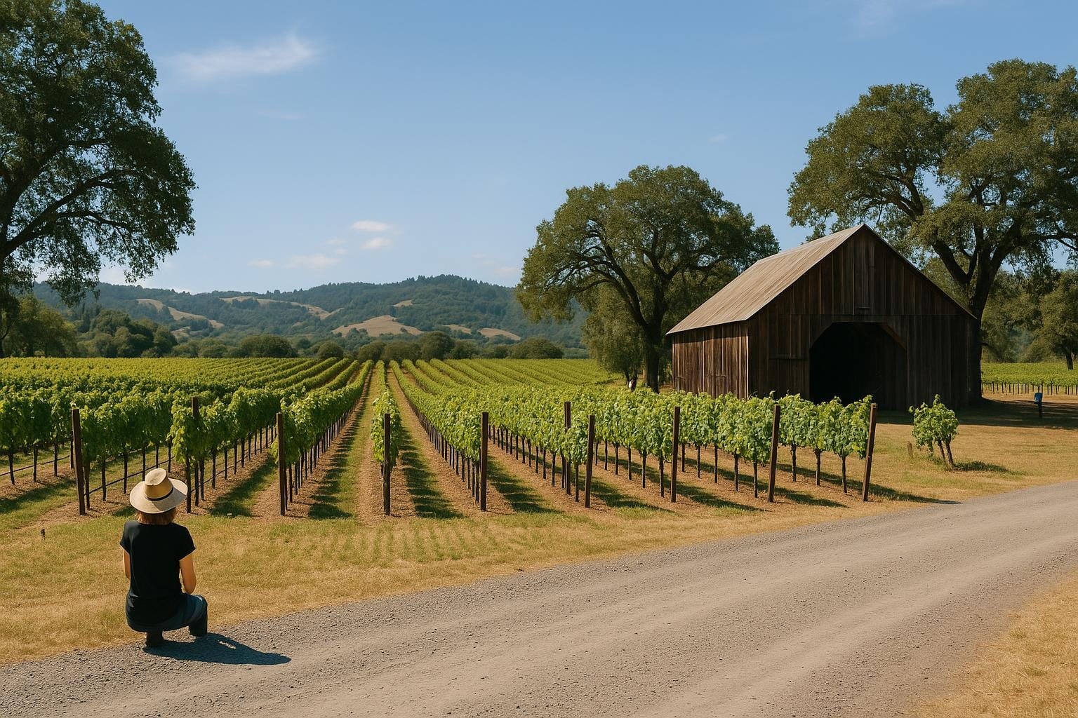 Vineyard rows and a wooden barn under oaks in Dry Creek Valley on a clear midday