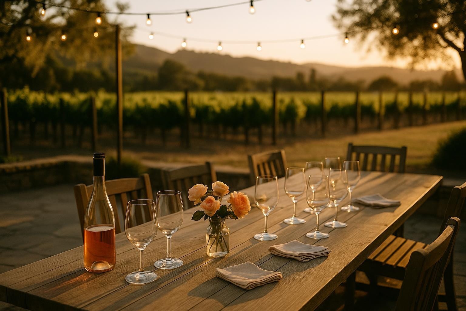 Long outdoor table set with wine glasses and rosé on a stone patio at golden hour, vineyards behind