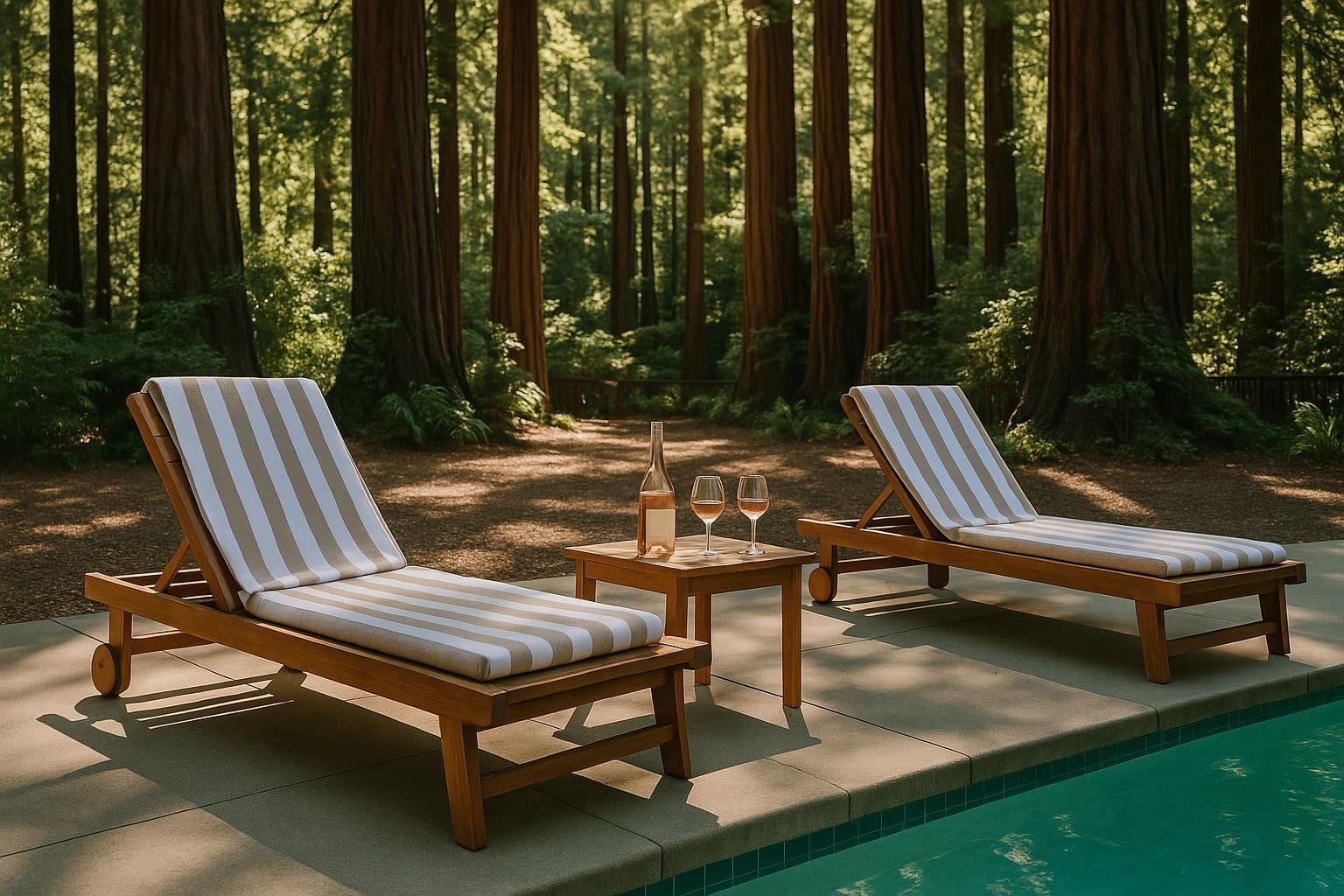 Poolside loungers and a chilled bottle of rosé in a redwood grove on a sunny afternoon