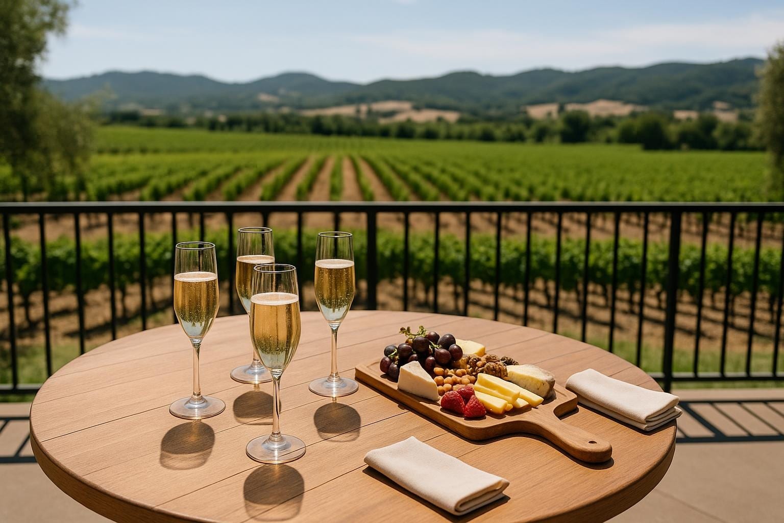 Sparkling wine glasses and a cheese board on a sunlit winery terrace with vineyard rows behind