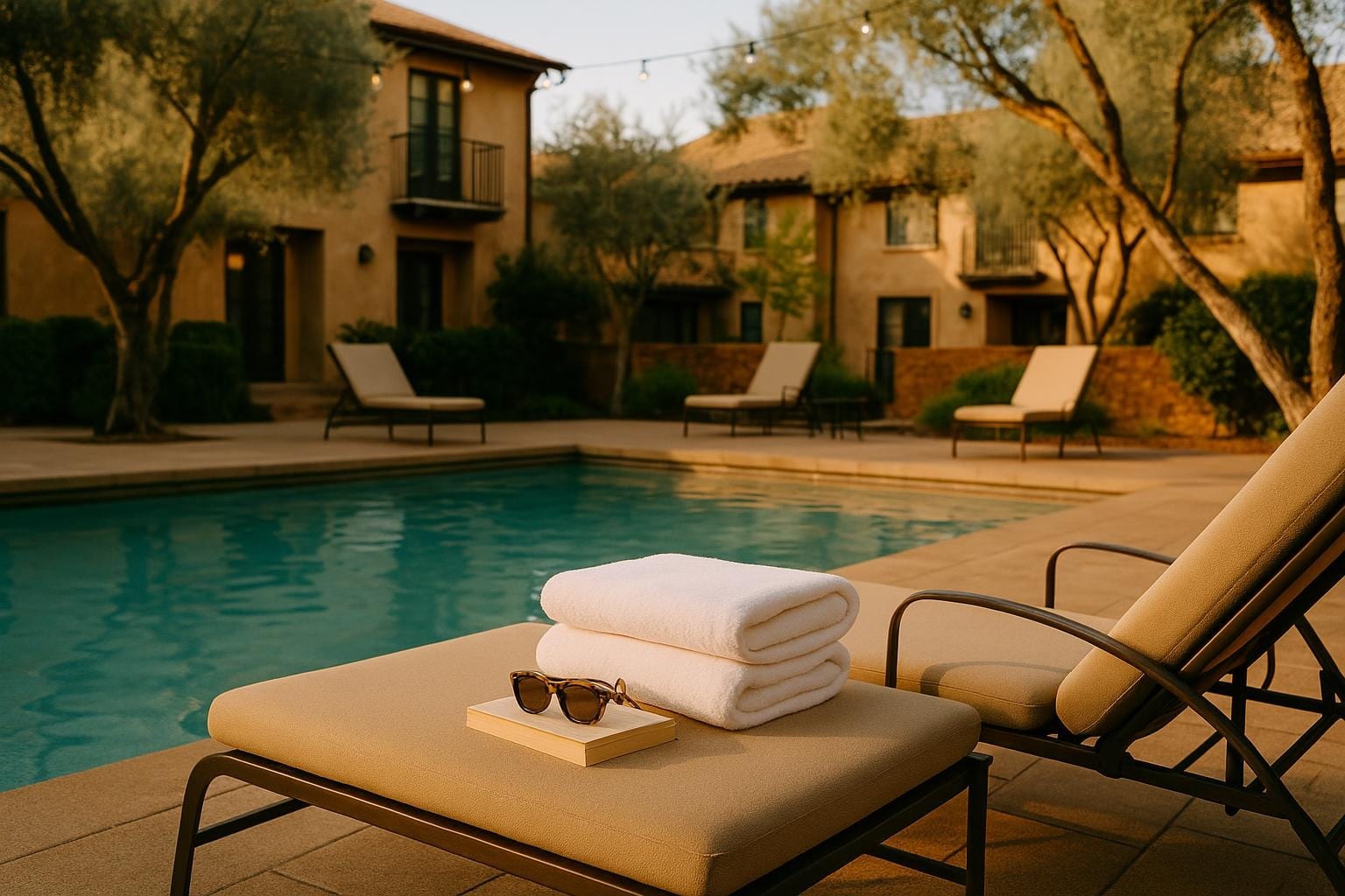Folded towels, sunglasses and a book on a lounger beside a quiet hotel courtyard pool in late afternoon