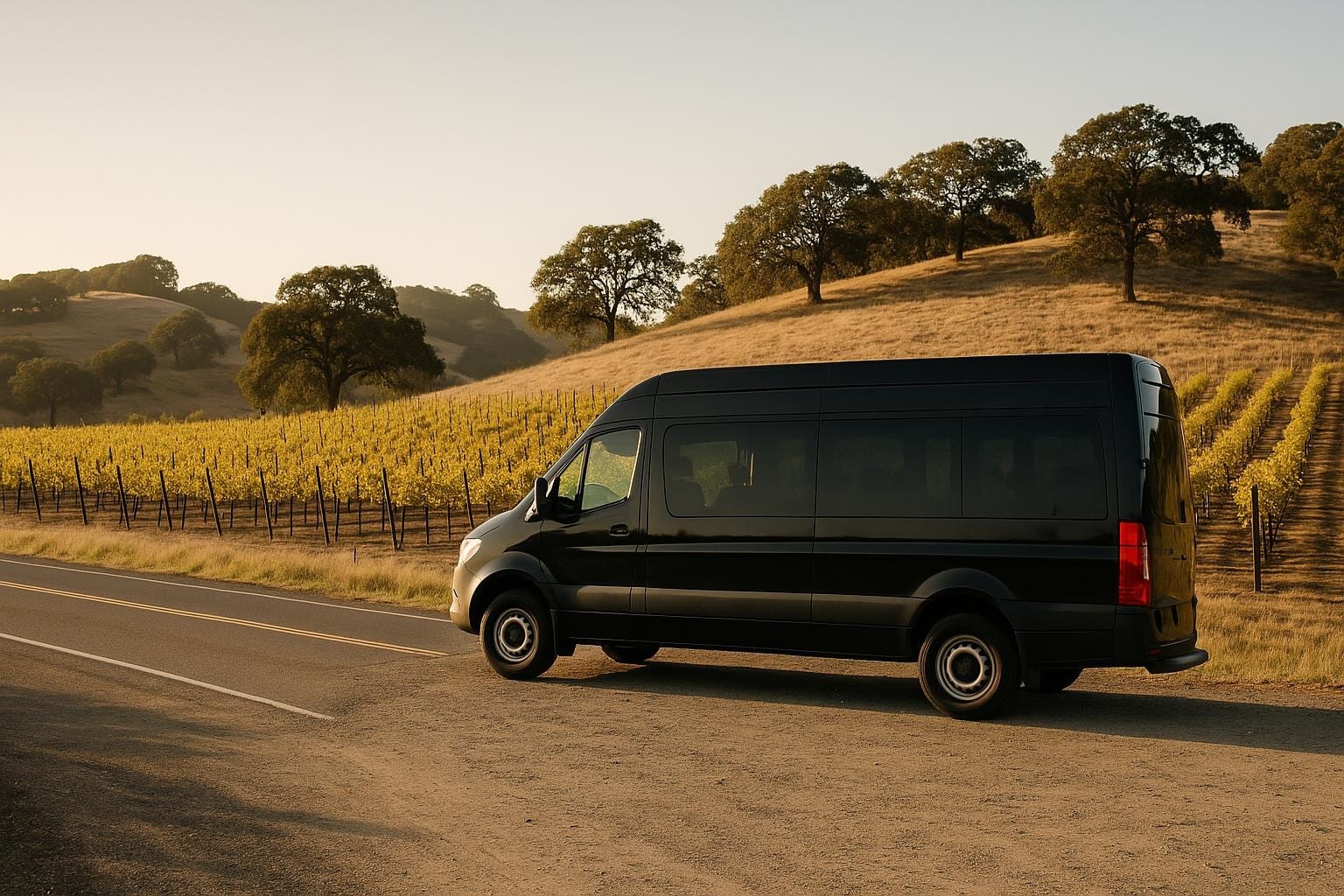 A black passenger van parked on a gravel turnout beside a two-lane vineyard road in late afternoon light