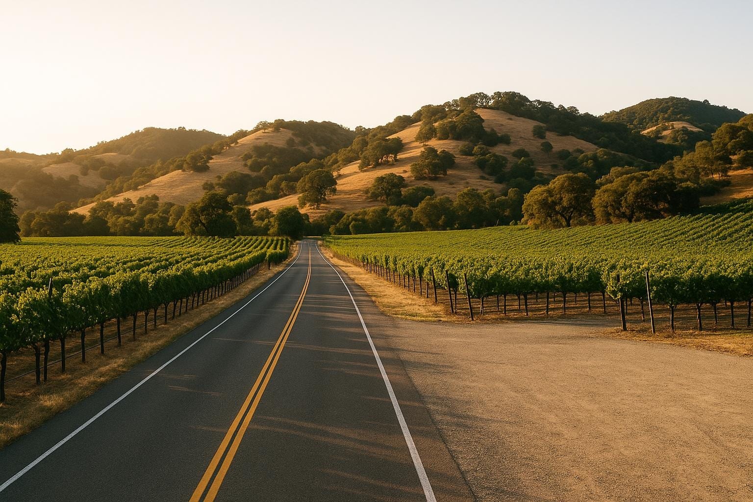 A narrow two-lane vineyard road in Dry Creek Valley with a gravel turnout in late afternoon light