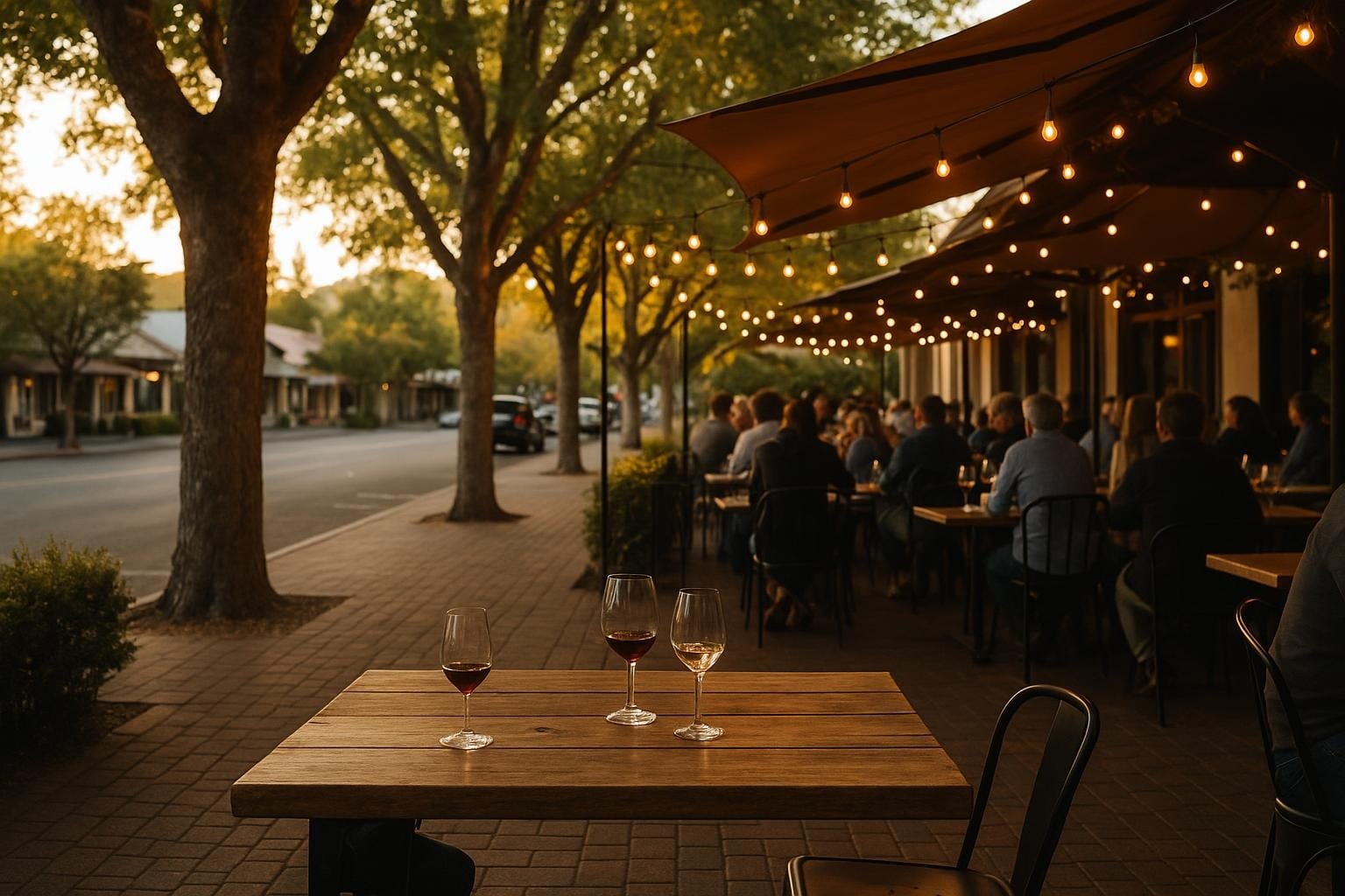 A plaza-side patio with string lights and a shared table at golden hour in a Wine Country town