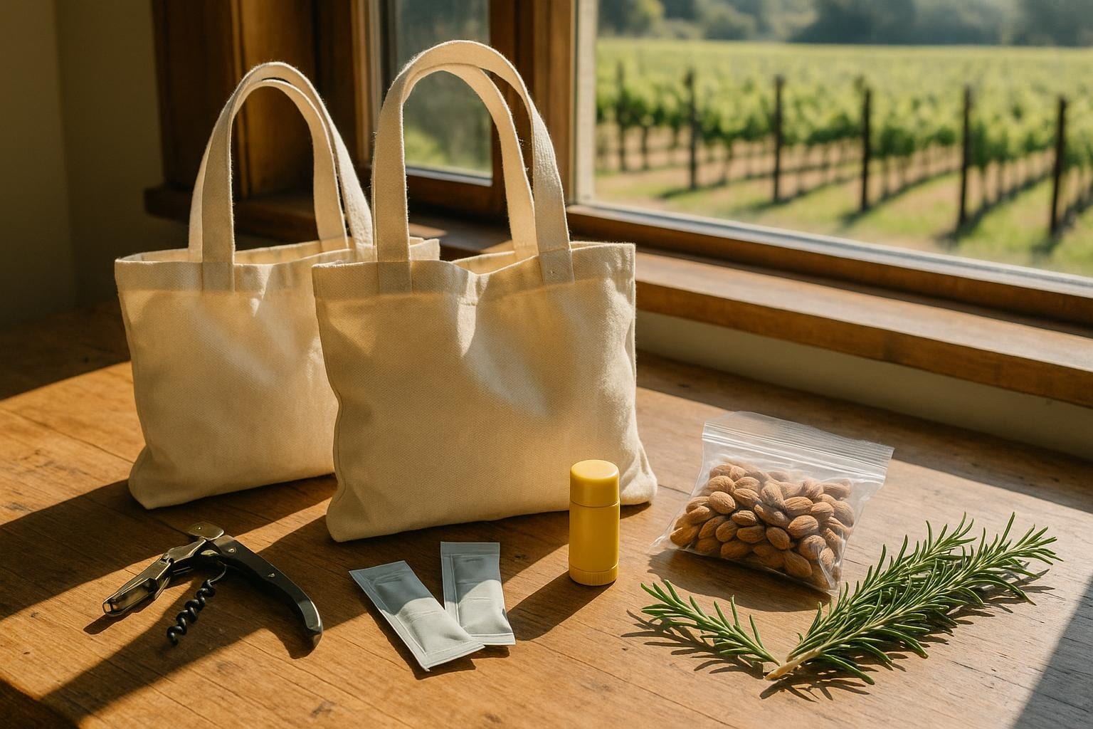 Canvas tote bags, a waiter's corkscrew, electrolyte packets and sunscreen laid out on a sunlit kitchen table