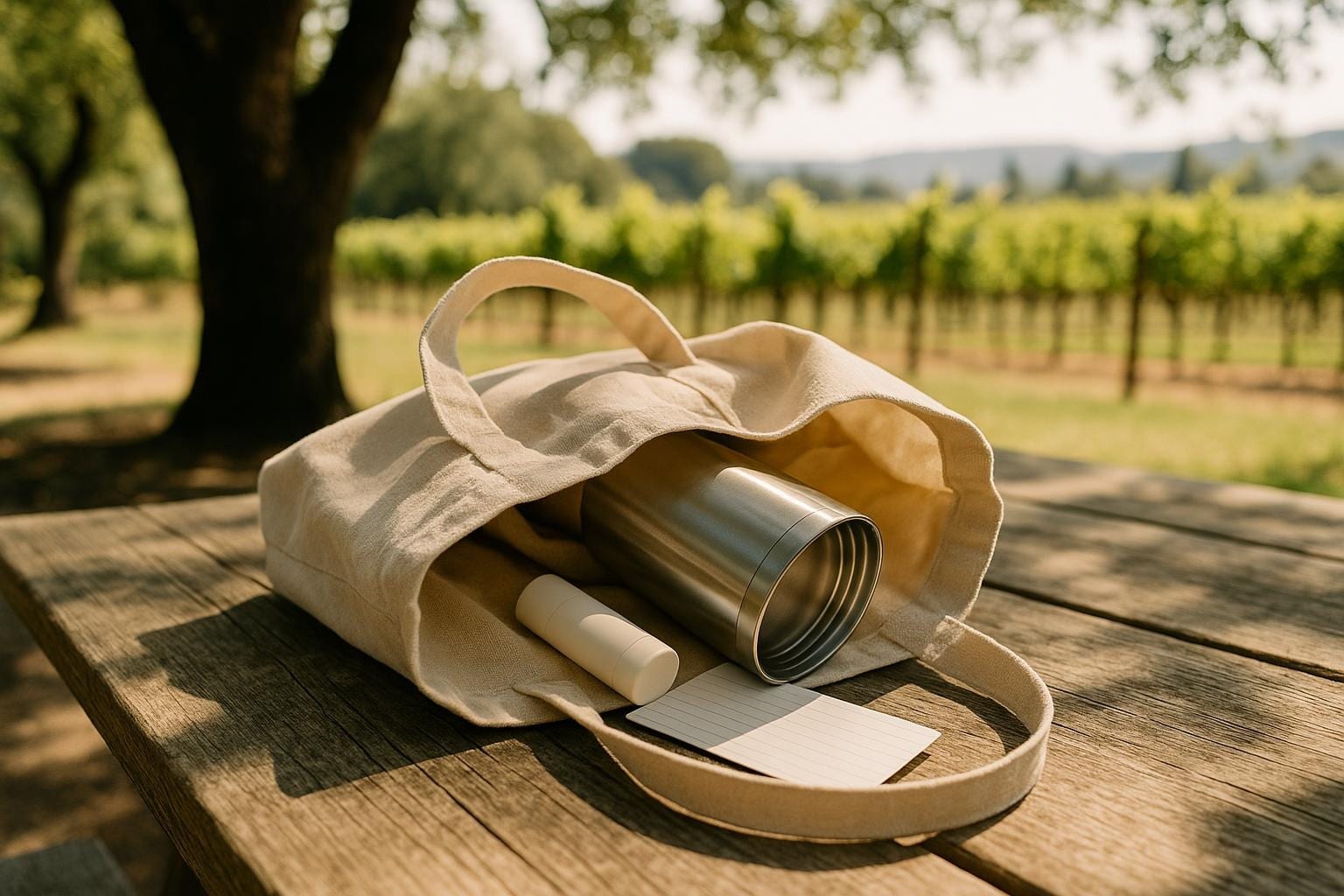 A canvas tote with a tumbler and sunscreen on an outdoor tasting table with vineyard rows behind